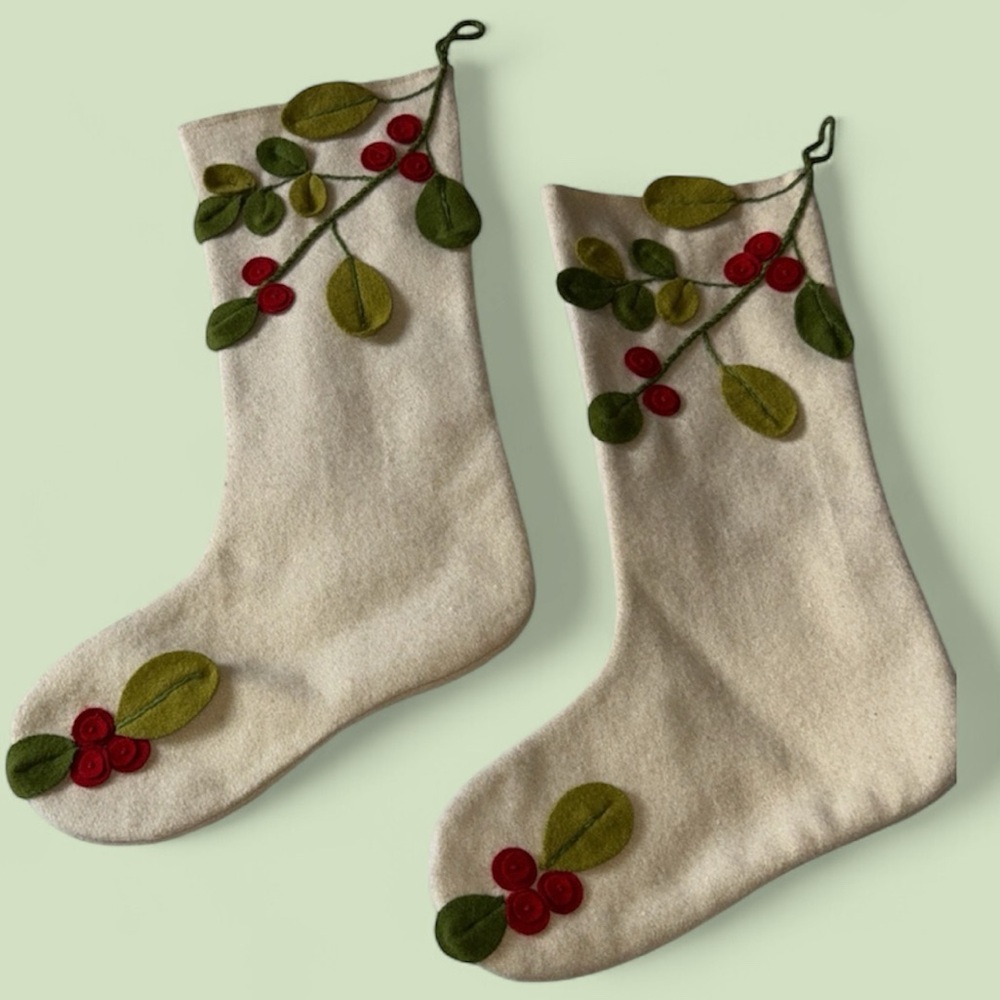 Set Of 2 Vintage Ivory Christmas Stockings Wool Like With Felt Holy And Berries